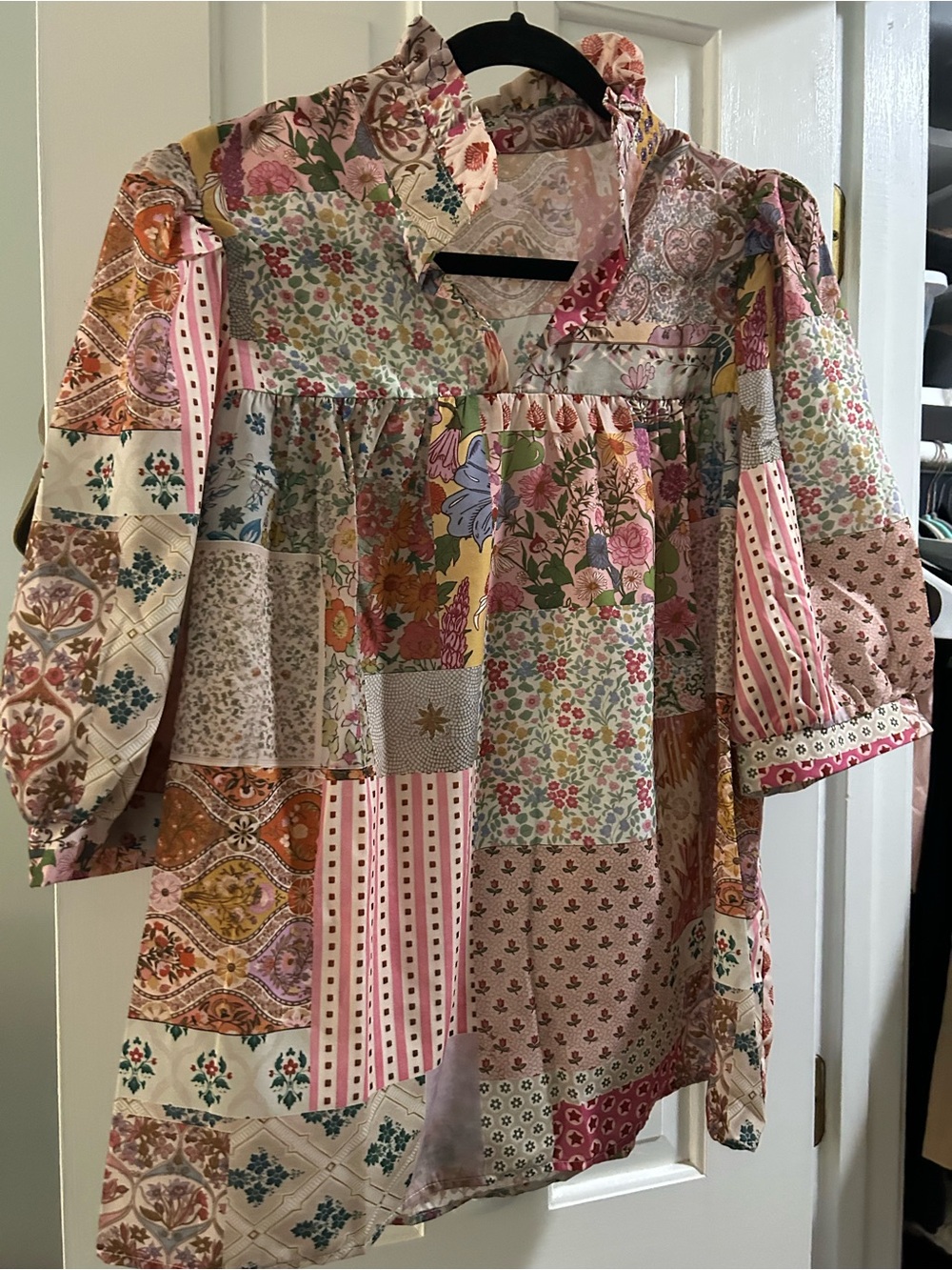 SHEIN Pink Multi-Print Patchwork Floral Peasant Blouse
